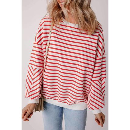 Orange Stripe Drop Shoulder Crew Neck Loose Sweatshirt