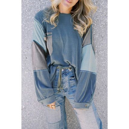 Dusk Blue Colorblock Stitching Patchwork Buttoned Long Sleeve Top