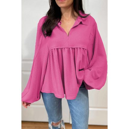 Bright Pink Corded Turn-down V Neck Bubble Sleeve Babydoll Blouse