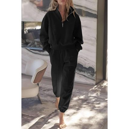 Black Half Zip up Pullover Active Top and Joggers Set