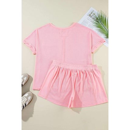 Pink Plus Size Ribbed Exposed Seam Tee and Shorts Set