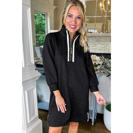 Black Jacquard Textured Quarter Zipper Shift Mini Dress