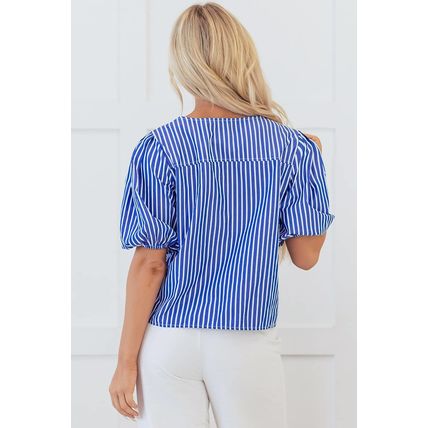 Blue Stripe Tied Front Puff Short Sleeve Blouse