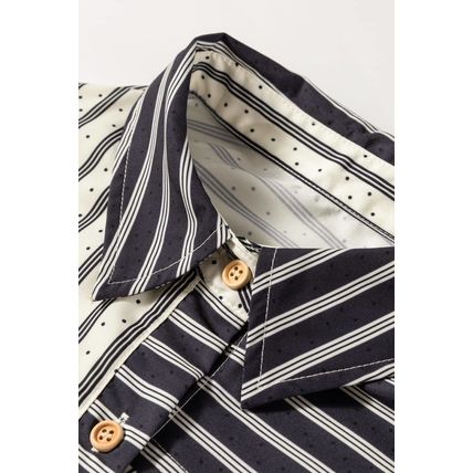 Black Stripe 2-tone Patchwork Half Buttons Chest Pockets Casual Blouse