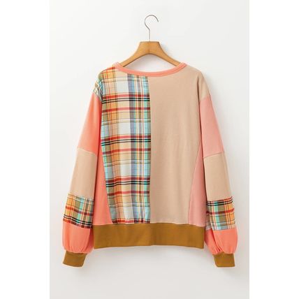 Multicolour Waffle Knit Plaid Patchwork Side Slits Loose Sweatshirt