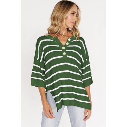 Green Stripe Henley Buttoned Placket Drop Shoulder Bracelet Sleeve Knit Sweater
