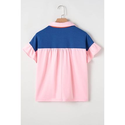 Gossamer Pink Color Block Half Buttoned Ruffled Short Sleeve T Shirt