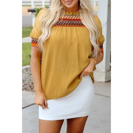 Mustard Geometric Short Puff Sleeve Frilled Collar Blouse