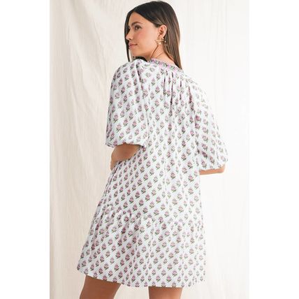 Pink Floral Print Bubble Sleeve Neck Tie Ruffled Dress
