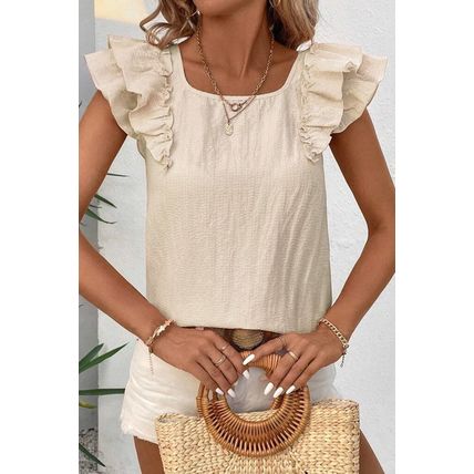 Beige Textured Bow Knot Frilled Butterfly Sleeve Blouse
