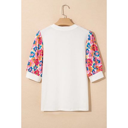 Beige Floral Puff Sleeve Patchwork Round Neck Top