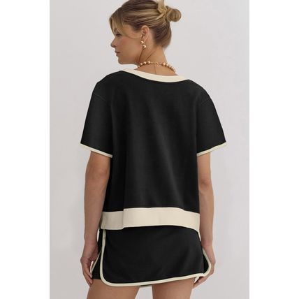 Black Sequin Rugby Football Bow Patched Colorblock Edge Tee and Skort Set