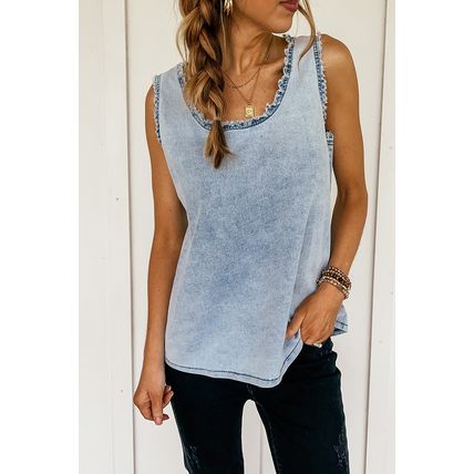 Beau Blue Mineral Wash Denim Frayed U Neck Sleeveless Top