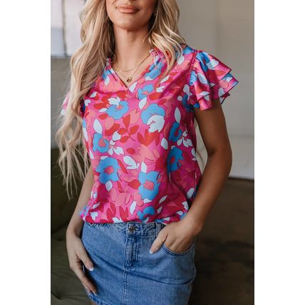 Rose Red Ruffled Sleeve Floral Blouse