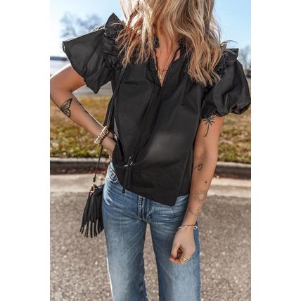 Black Ruffled Puff Short Sleeve Loose Blouse