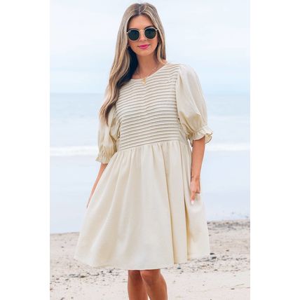 White Textured Ruffled Puff Sleeve Loose Dress