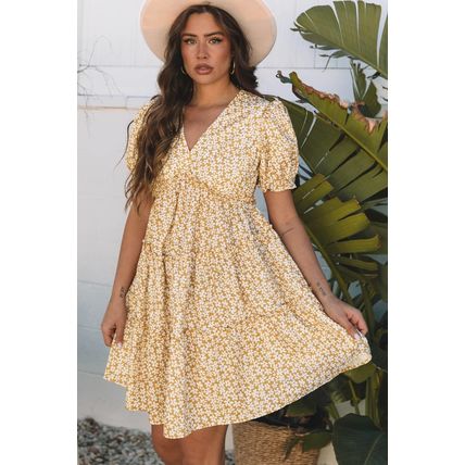 Yellow Floral Short Sleeve V Neck Frilly Tiered Mini Dress