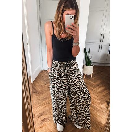 Parchment Leopard Drawstring Flowy Wide Leg Pants