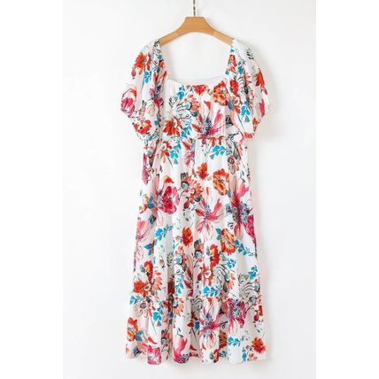 White Floral Square Neck Puff Sleeve Flowy Plus Size Midi Dress
