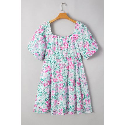 White Floral Print Ric-rac Trim Square Neck Plus Size Mini Dress