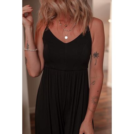 Black Spaghetti Straps Open Back Pleated Wide Leg Jumpsuit