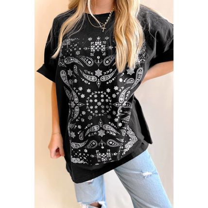 Black Paisley Print Crew Neck Loose Fit Tunic Tee