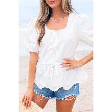 White Bow Knot Decor Square Neck Puff Sleeve Peplum Top