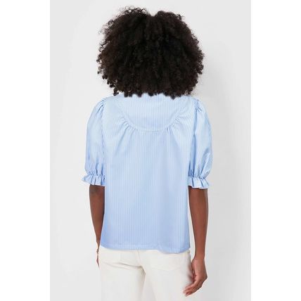 Sky Blue Stripe Ruffled Collar Puff Sleeve Half Buttons Blouse