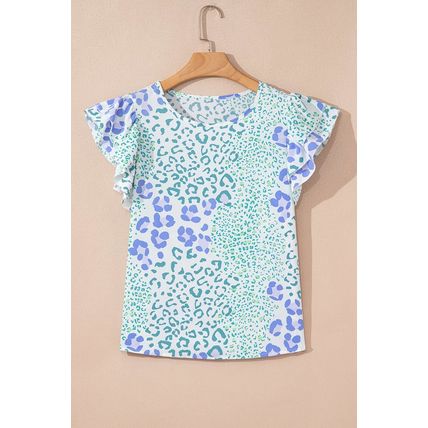 Sky Blue Leopard Layered Ruffle Short Sleeve Casual Blouse