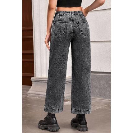 Black Chic Patch Pocket Straight Leg Loose Jeans