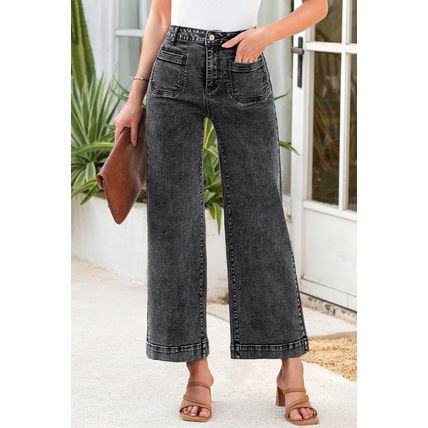Black Chic Patch Pocket Straight Leg Loose Jeans