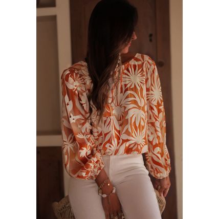 Orange Floral Print Knotted Open Back Long Sleeve Blouse