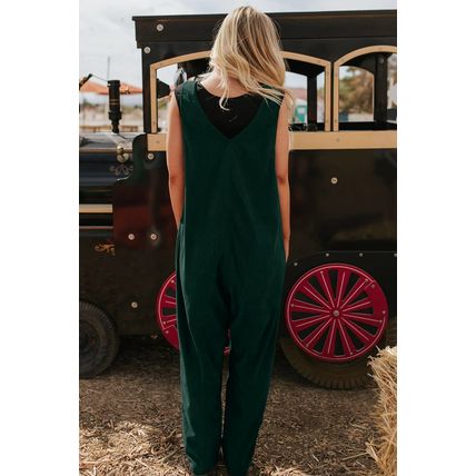 Evergreen Corduroy V Neck Patched Pocket Sleeveless Jumpsuit