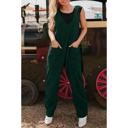Evergreen Corduroy V Neck Patched Pocket Sleeveless Jumpsuit