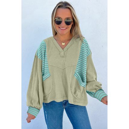 Meadow Mist Green Exposed Seam Waffle Striped Patchwork Baggy Pullover