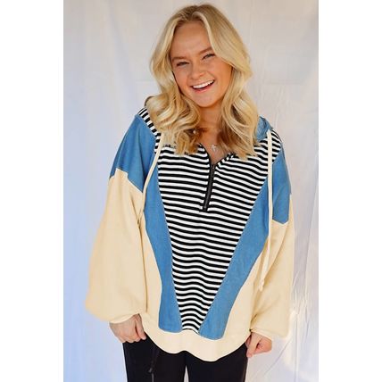 Black Stripe Denim Color Block Quarter Zip Baggy Drawstring Hoodie