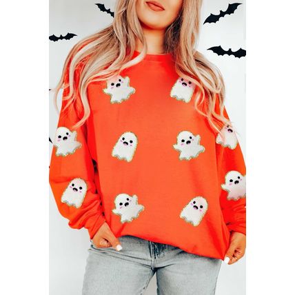 Orange Halloween Ghost Cute Patched Pattern Holiday Sweatshirt