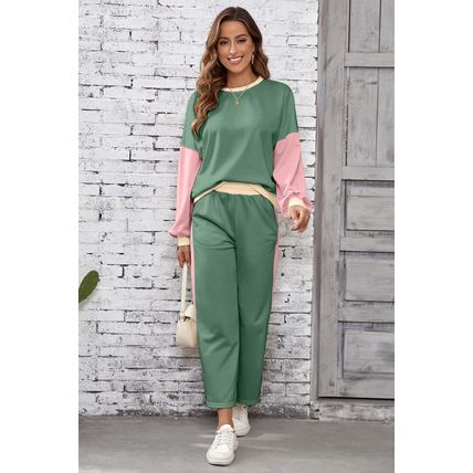 Mist Green 2pcs Color Block Pullover Loose Pant Set
