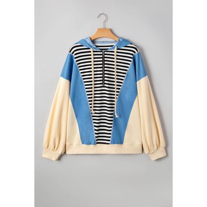 Black Stripe Denim Color Block Quarter Zip Baggy Drawstring Hoodie