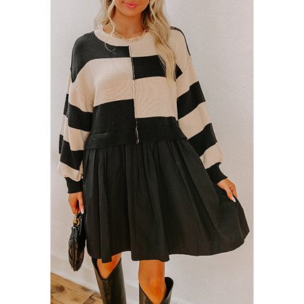 Black Stripe Two in One Knitted Top High Waist Splicing Hem Sweater Dress