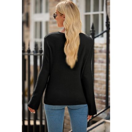 Black Lightweight Ribbed Knit Button Front V Neck Cardigan