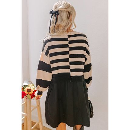 Black Stripe Two in One Knitted Top High Waist Splicing Hem Sweater Dress