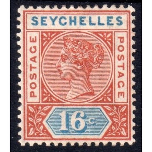 1890 SEYCHELLES Sg6 16c CHESTNUT & BLUE die 1 mounted mint (b37)