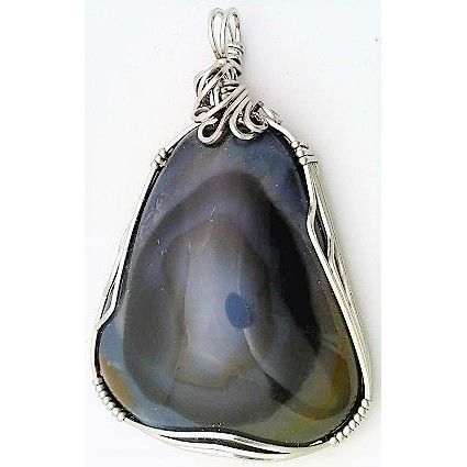 Blue Black Chalcedony Stainless Wire Wrap Gemstone Pendant 50