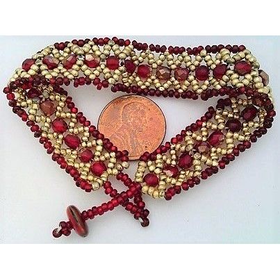 Red And Gold Woven Hand Beaded Ribbon Bangle Bracelet