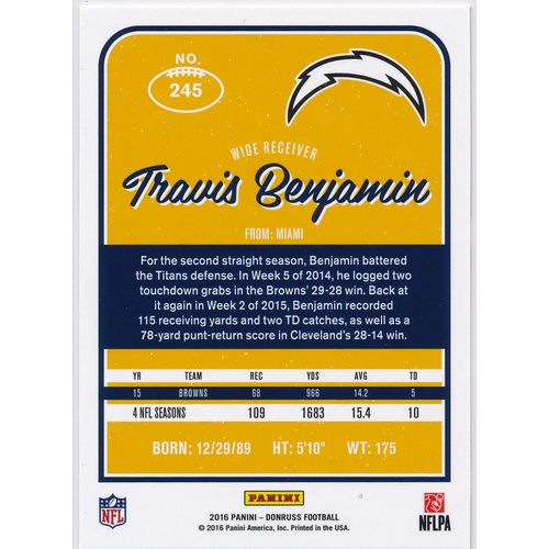 2016 Donruss Football 245 Travis Benjamin San Diego Chargers