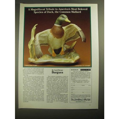 1987 The Hamilton Collection Ad - Common Mallard sculpture Carol Werner Burgues