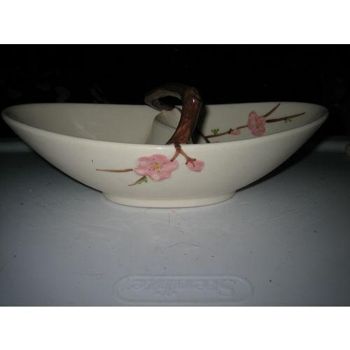 Vintage Handpainted Divided Basket Dish w/Raised Flowers & Ceramic Twig Handle