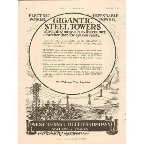 WEST TEXAS UTILITIES COMPANY 1928 steel towers electric vintage ad