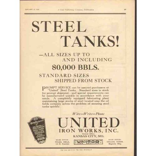 UNITED IRON WORKS INC 1928 Steel tanks all sizes gas oil vintage ad